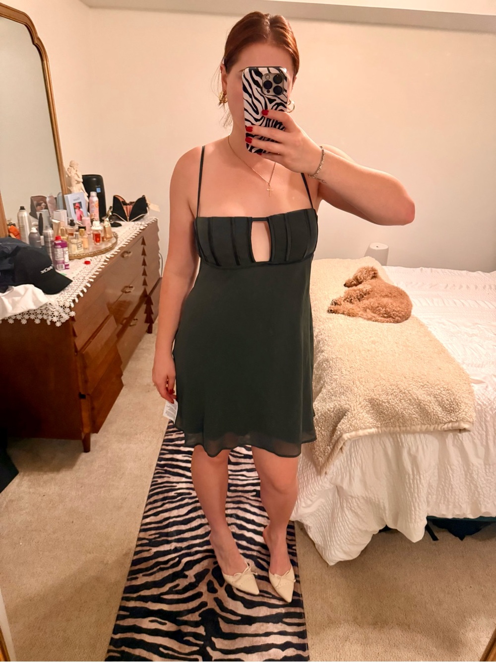 ASOS Dark Green Spaghetti Strap Mini Dress with Front Cutout